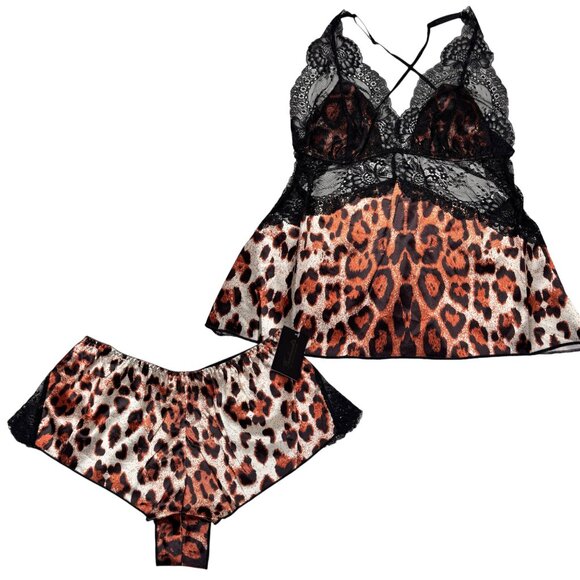 NWT Frederick's of Hollywood Leopard Print Satin Lace Cami Short Set SZ S Sexy - Picture 3 of 12